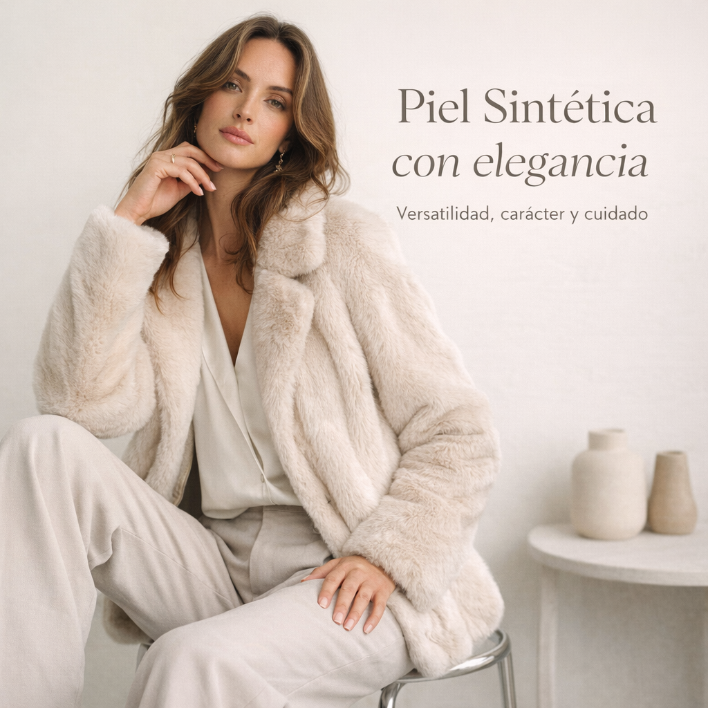 Woman wearing elegant beige faux fur jacket and pants, sitting in minimal modern setting