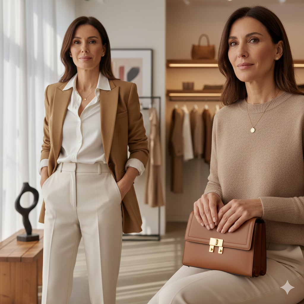 Mujer elegante mayor de 40 años con camisa blanca y pantalón neutro, estilo atemporal y sofisticado, prendas básicas femeninas