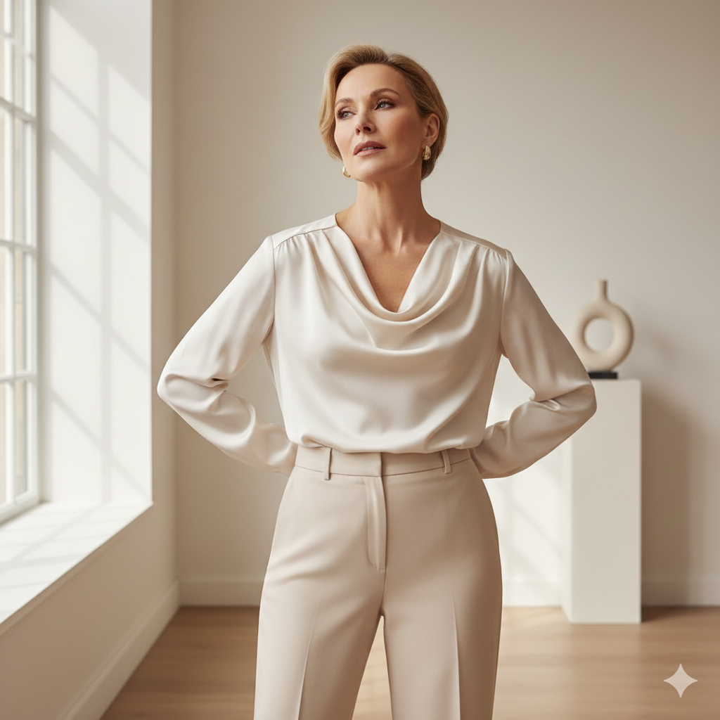 Blusas elegantes combinadas según distintos tipos de cuerpo femenino, guía de estilo y moda premium