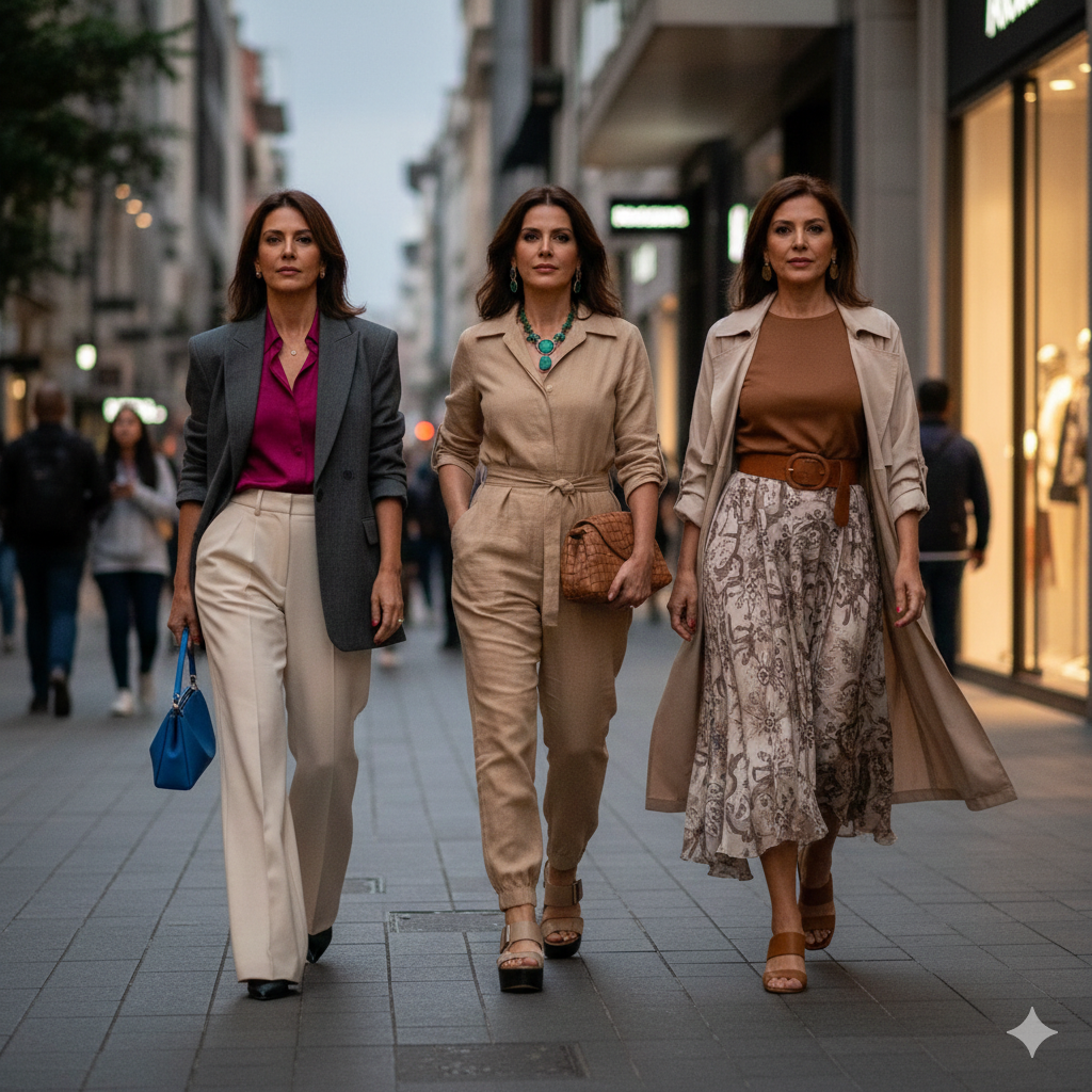 Mujeres mayores de 40 años con looks modernos y elegantes usando siluetas relajadas y accesorios premium según las tendencias de moda femenina 2026 en Colombia