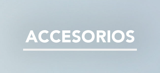 Text ACCESORIOS in bold white letters on a light blue background with underline.