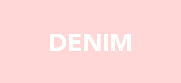 Woman in green blouse with floral scarf and cream pants next to 'Denim' text on beige background.