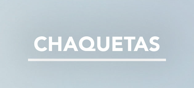 Text 'CHAQUETAS' in bold white letters on a light blue background, jacket category banner