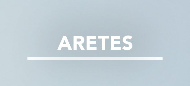 Text 'ARETES' on a light blue background, category banner for women's earrings collection