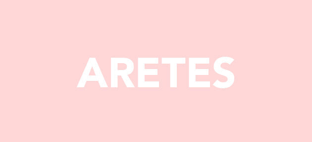 Text 'ARETES' on a light blue background, category banner for women's earrings collection