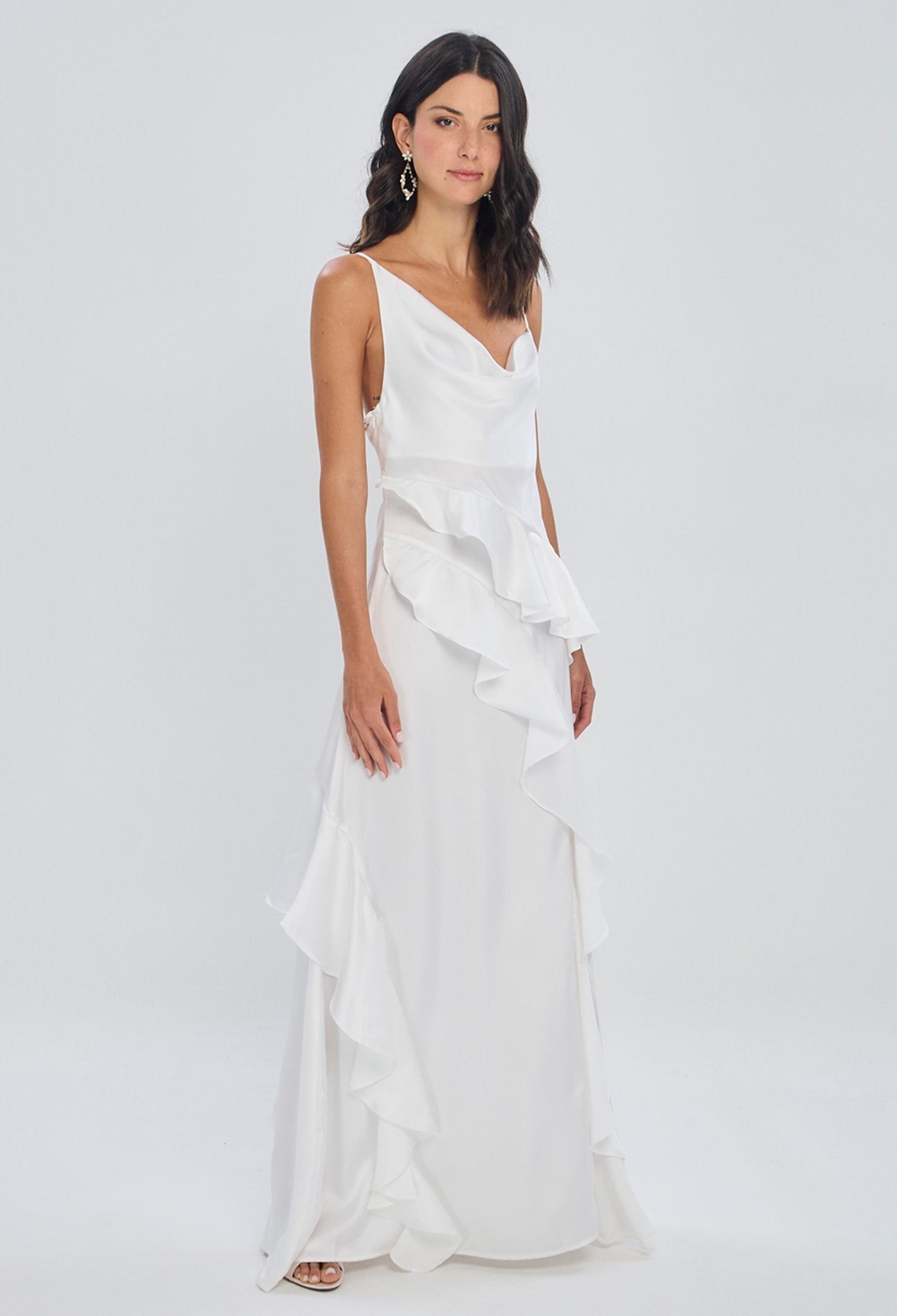 Vestido Largo Satinado Volantes