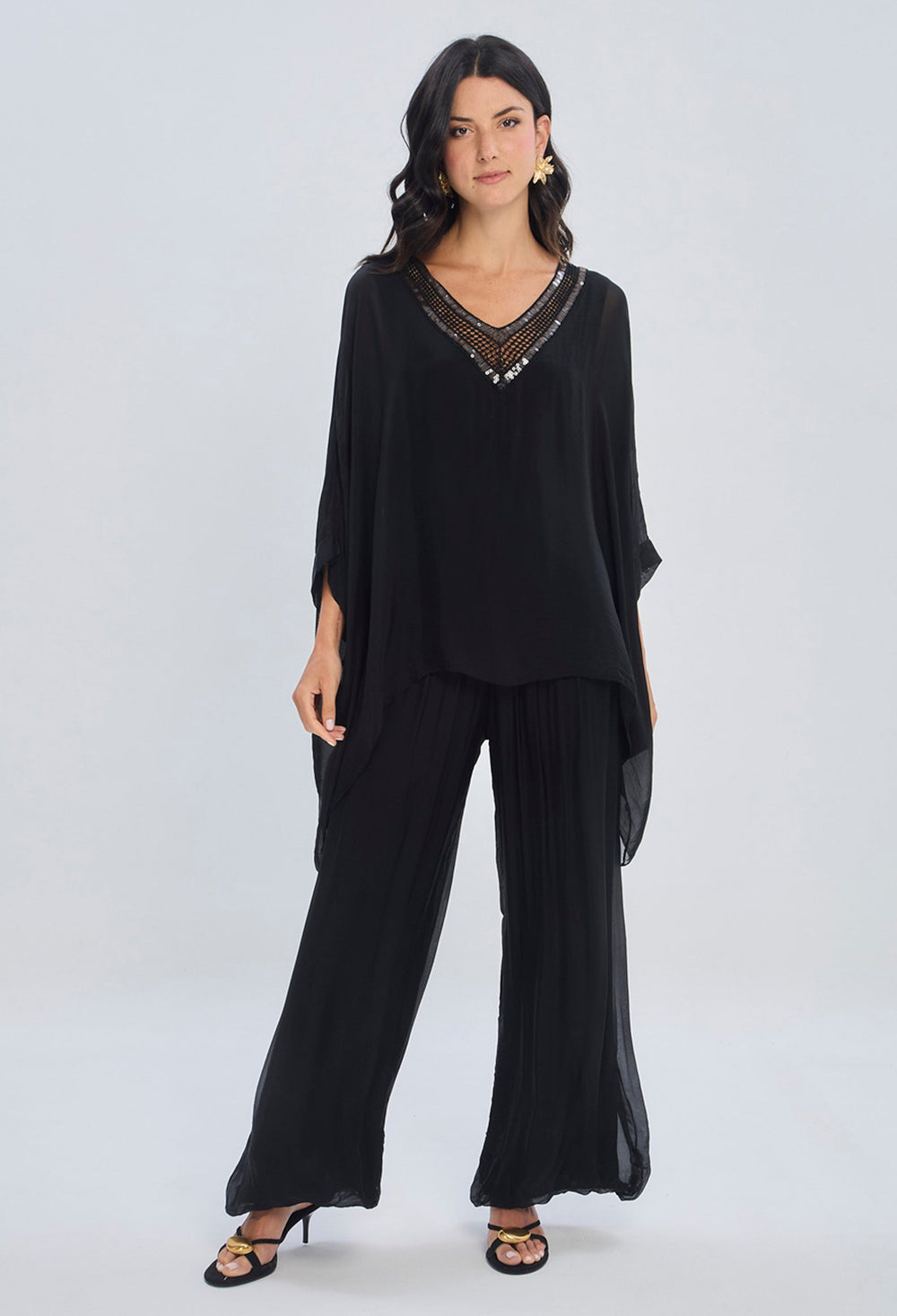 Pantalón palazzo negro en viscosa y seda pierna ultra ancha caída fluida con cintura elástica forrado para mujer