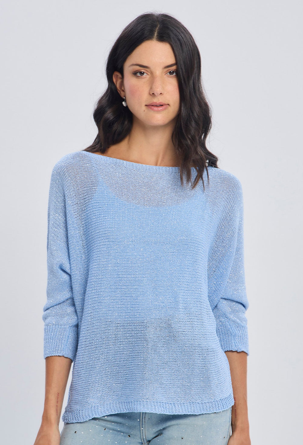 Blusa tejida azul claro sin mangas con punto calado y cuello barco en viscosa elastano talla única BYBLA