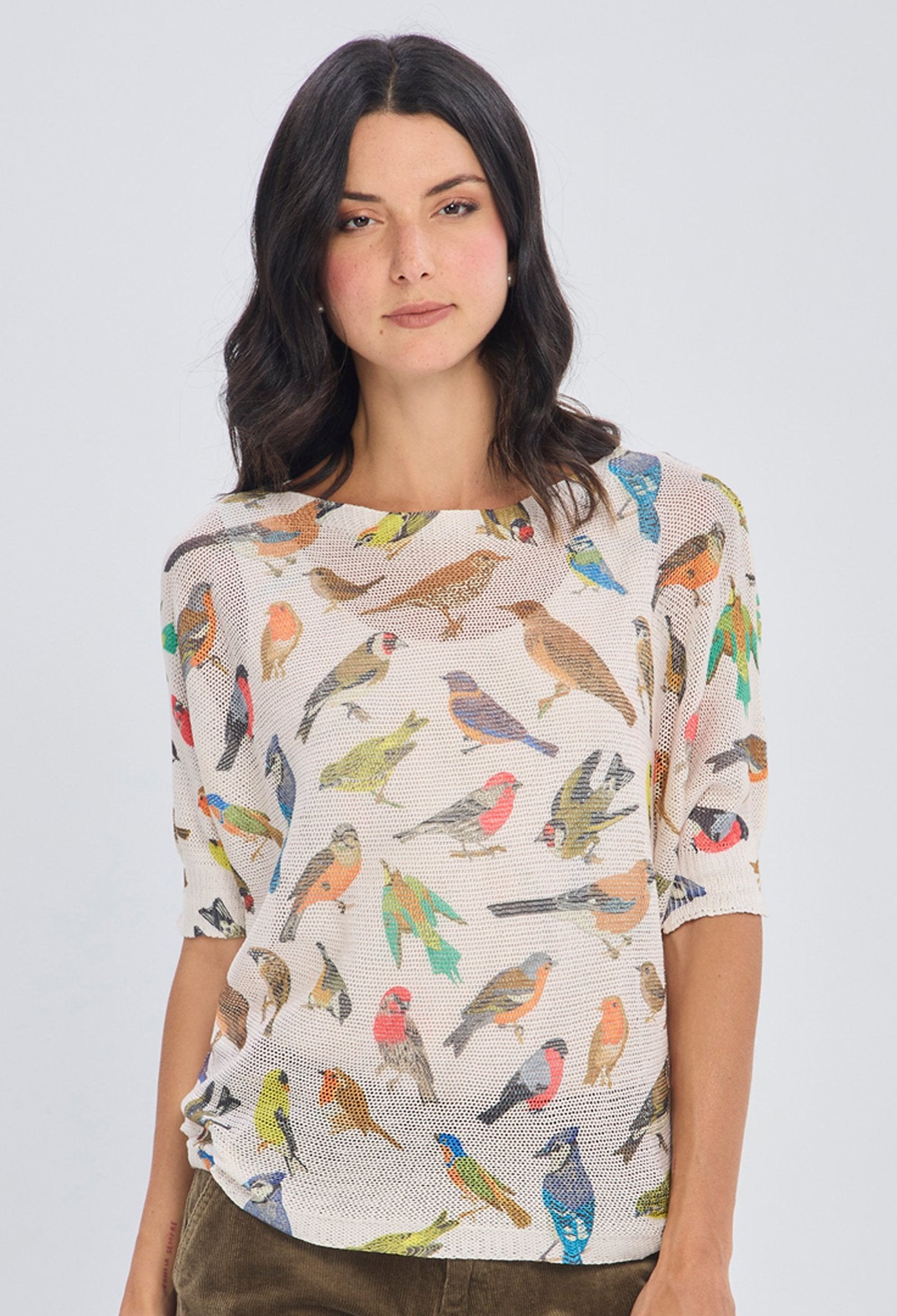 Blusa tejida beige con estampado de pajaros multicolor manga tres cuartos en poliéster viscosa talla única BYBLA