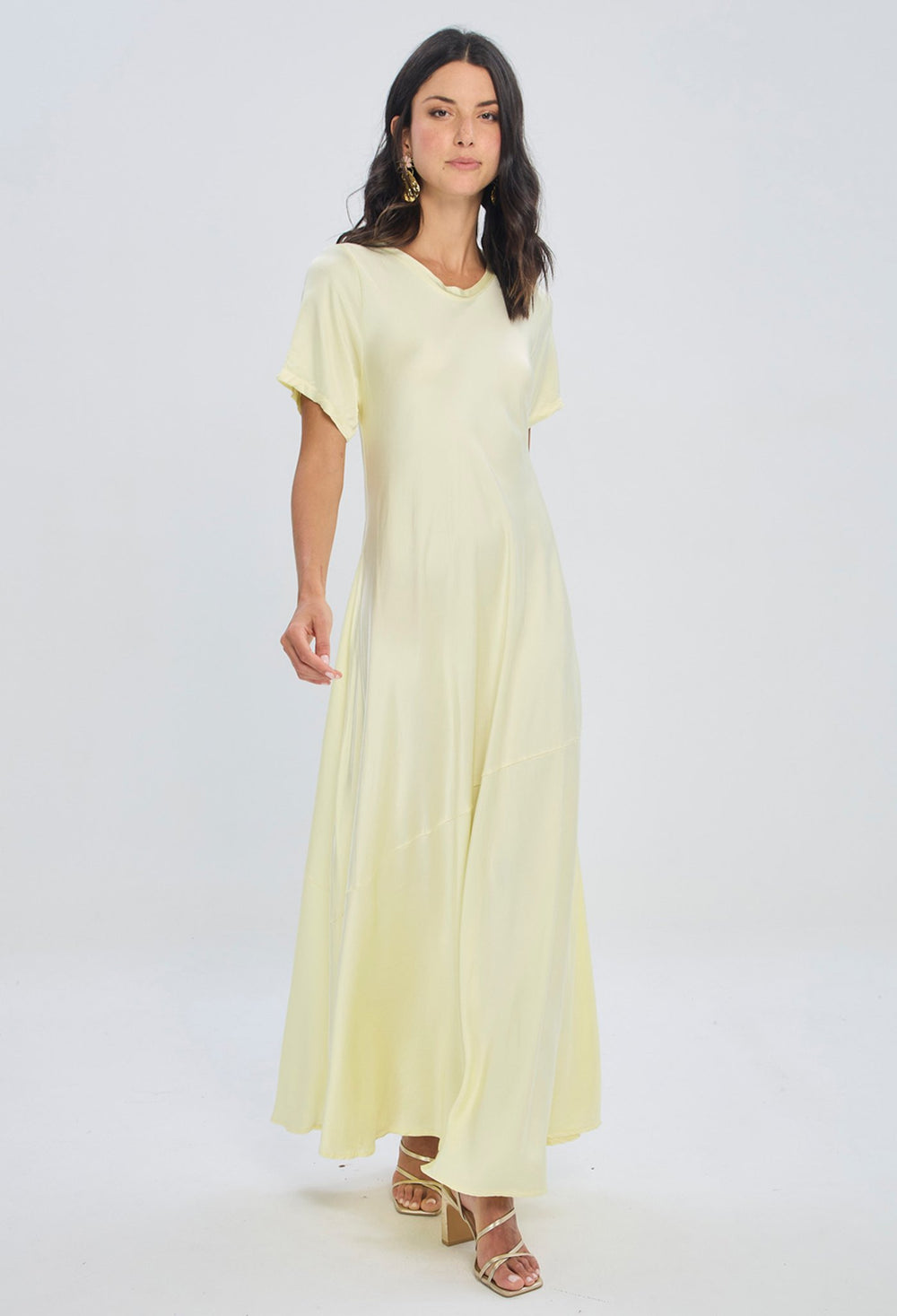 Vestido largo lino manga corta corte evasee para mujer BYBLA