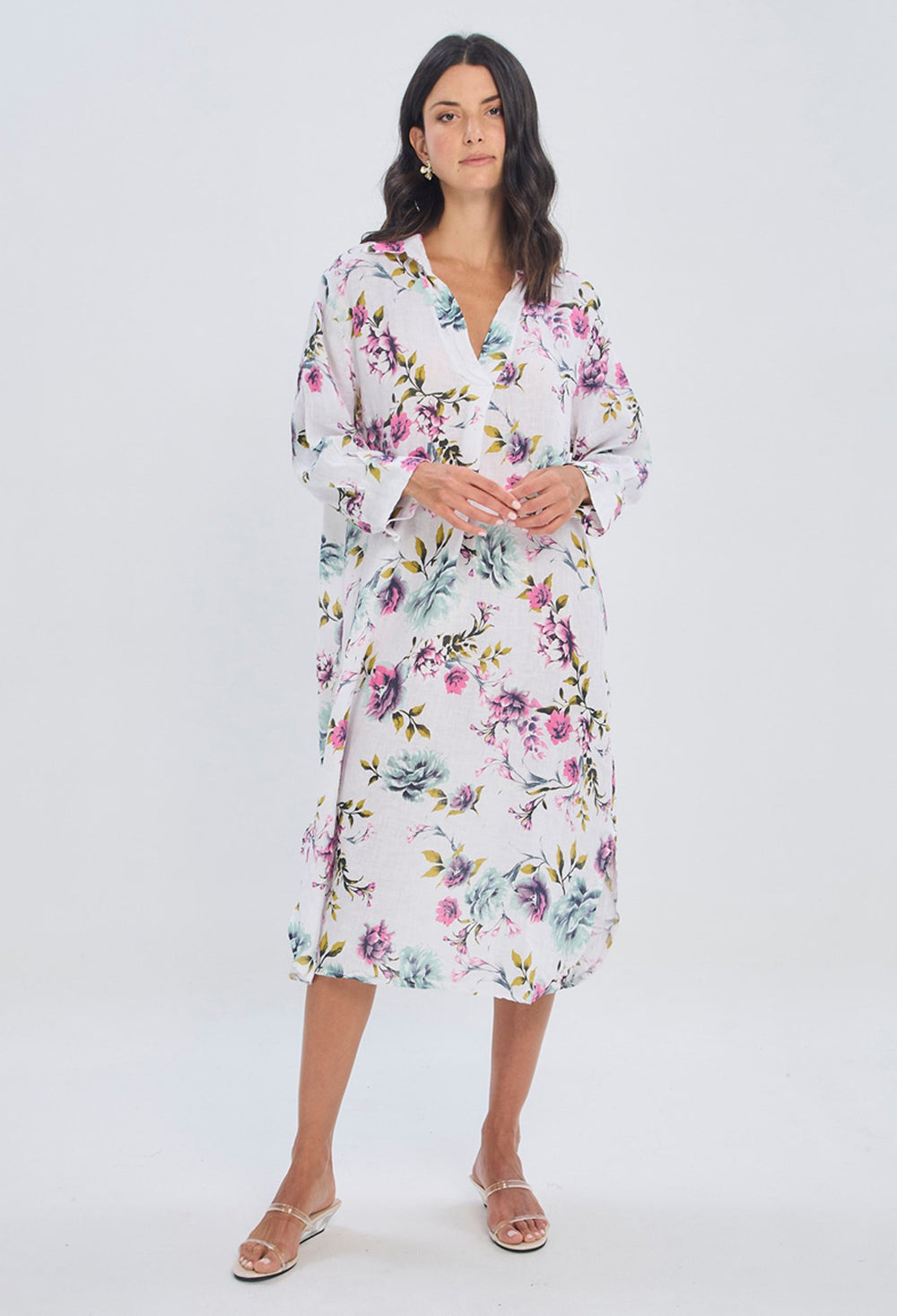Vestido midi con estampado floral romántico escote en V cruzado y mangas largas