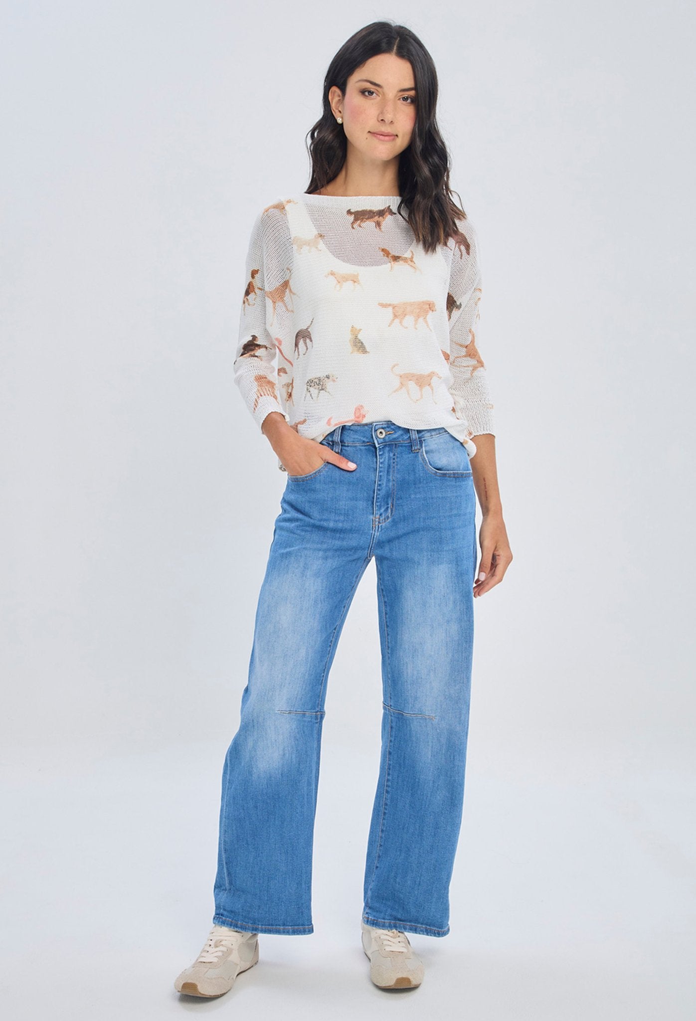 Jean wide leg de tiro alto en denim premium con bolsillos tipo parche