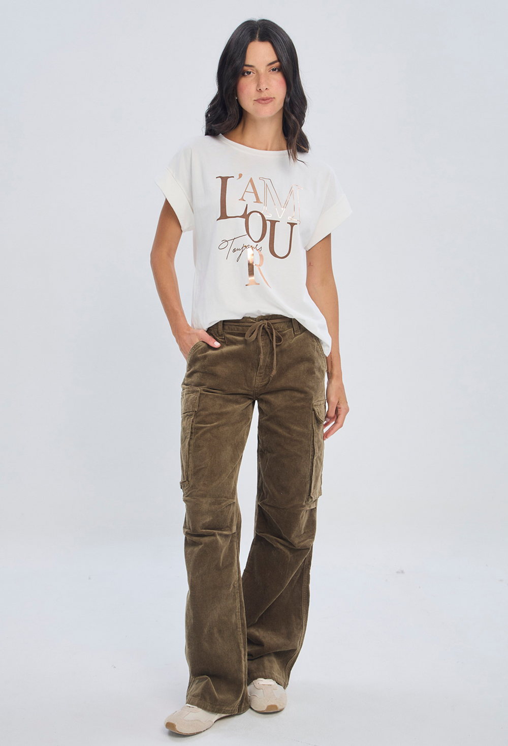 Pantalón recto verde militar cargo en algodón con elastano para mujer