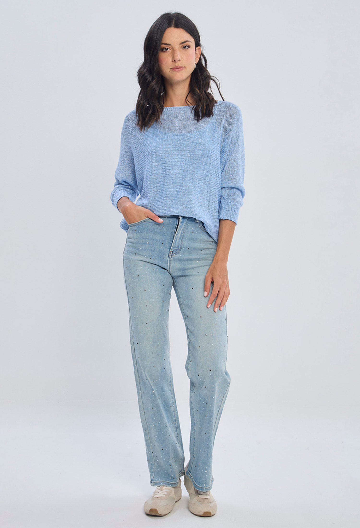 Jean recto azul clásico tiro medio en algodón con elastano para mujer