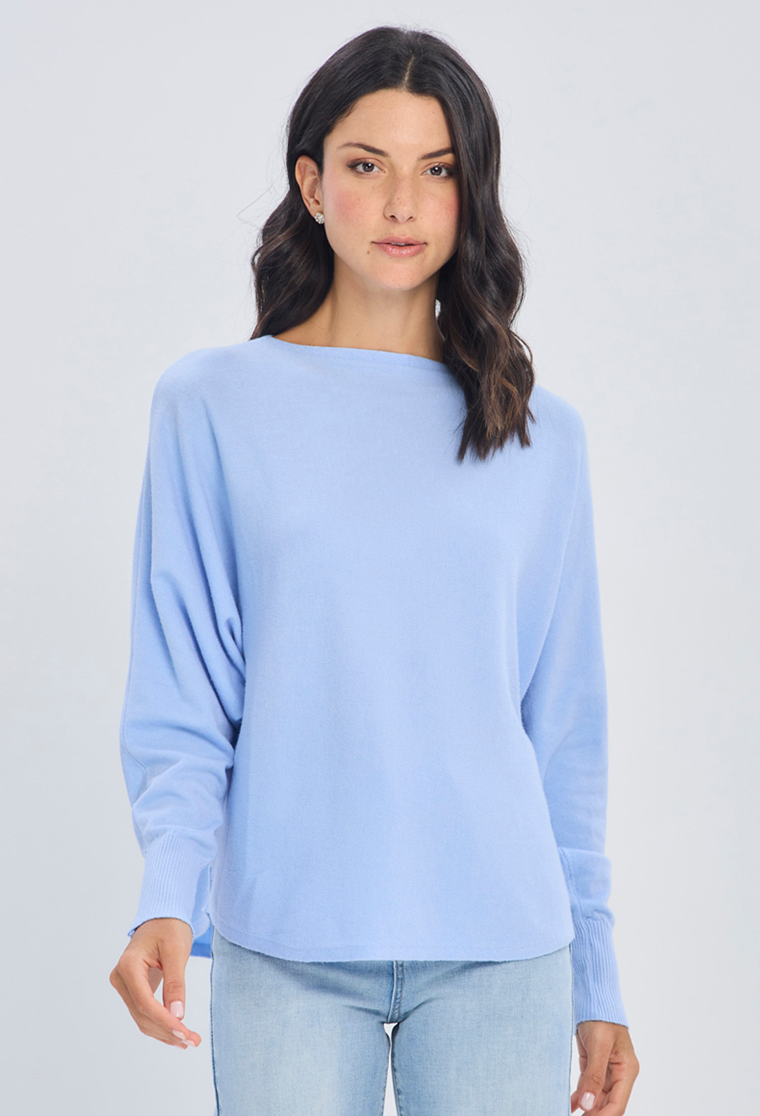 Blusa tejida azul cuello amplio en viscosa y poliamida para mujer