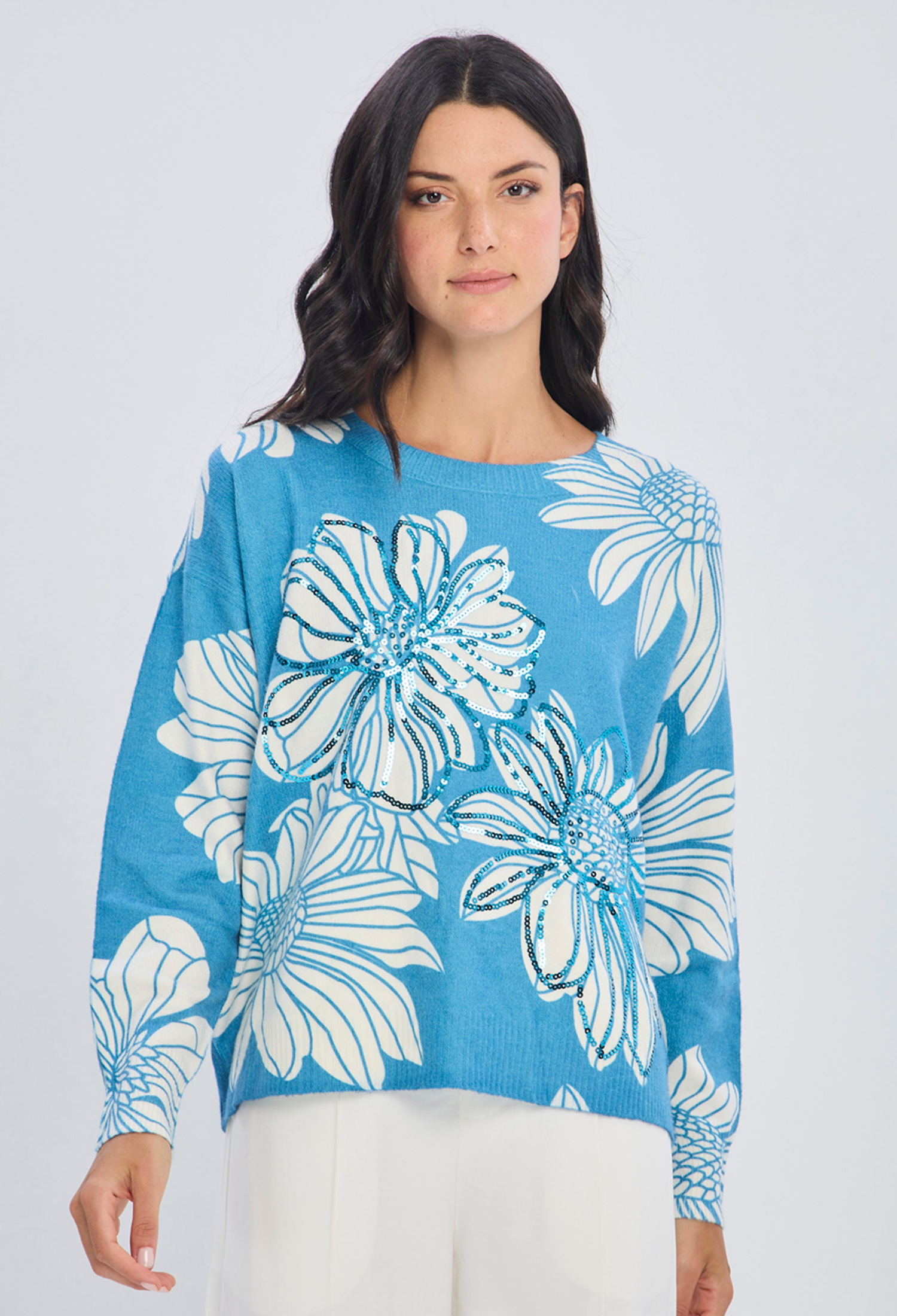 Buzo tejido azul ligero cuello cerrado en acrílico y poliamida para mujer