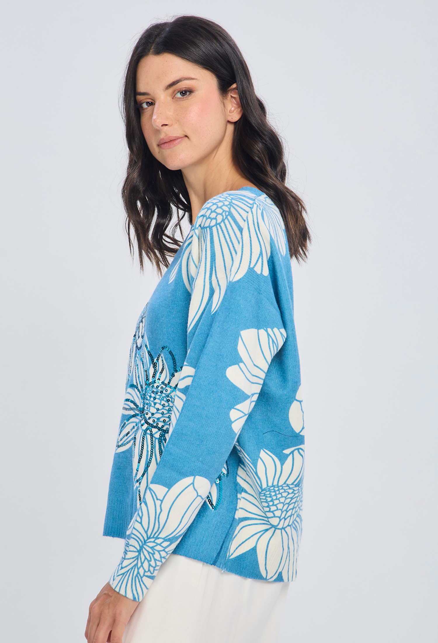 Buzo tejido azul ligero cuello cerrado en acrílico y poliamida para mujer - vista 2