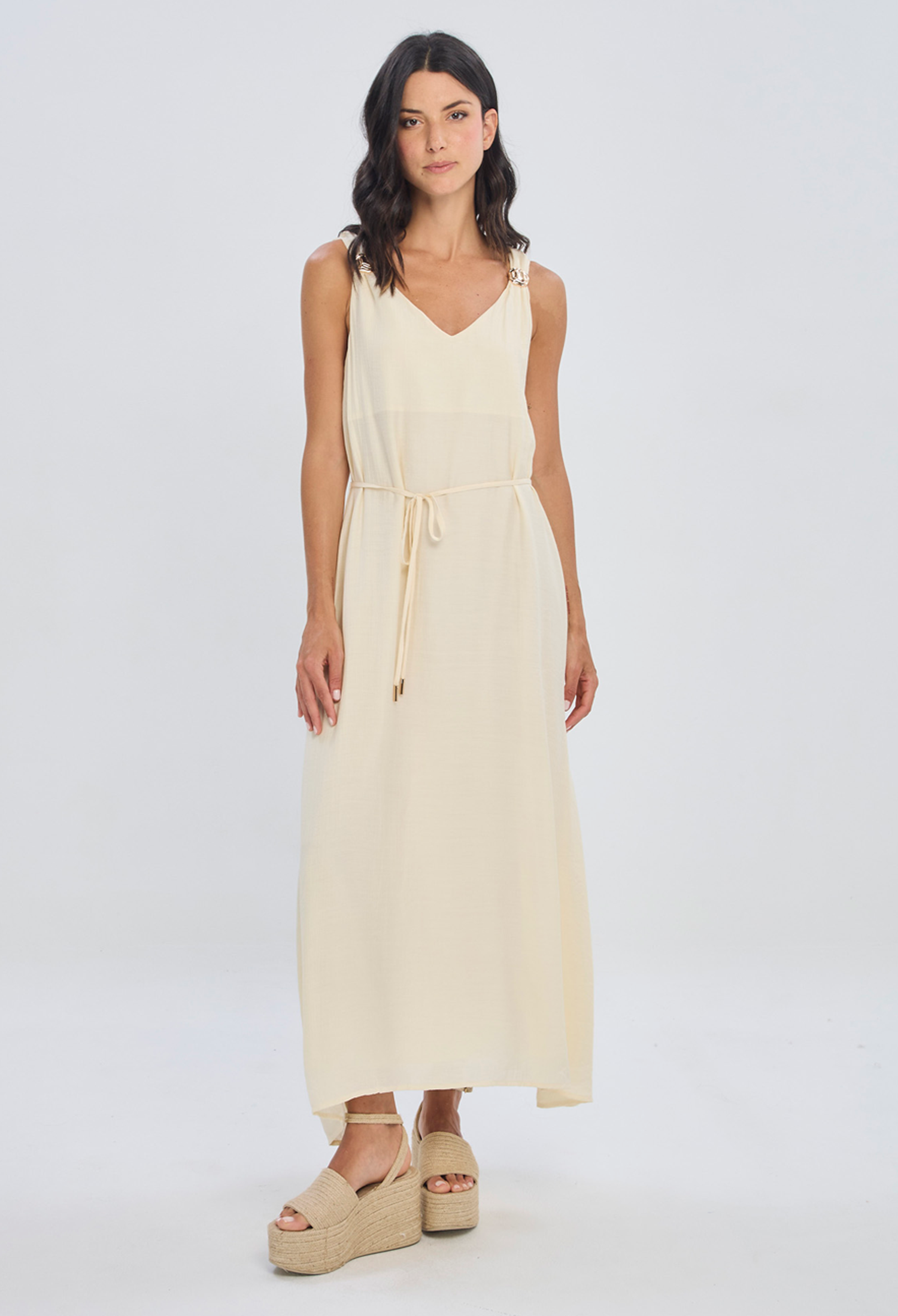 Vestido midi beige forrado corte imperio en viscosa y poliamida para mujer