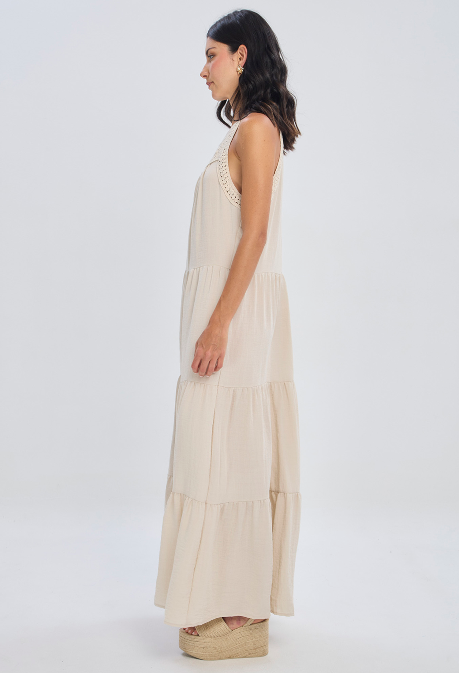 Vestido largo beige fluido en viscosa escote V para mujer elegante - vista 3