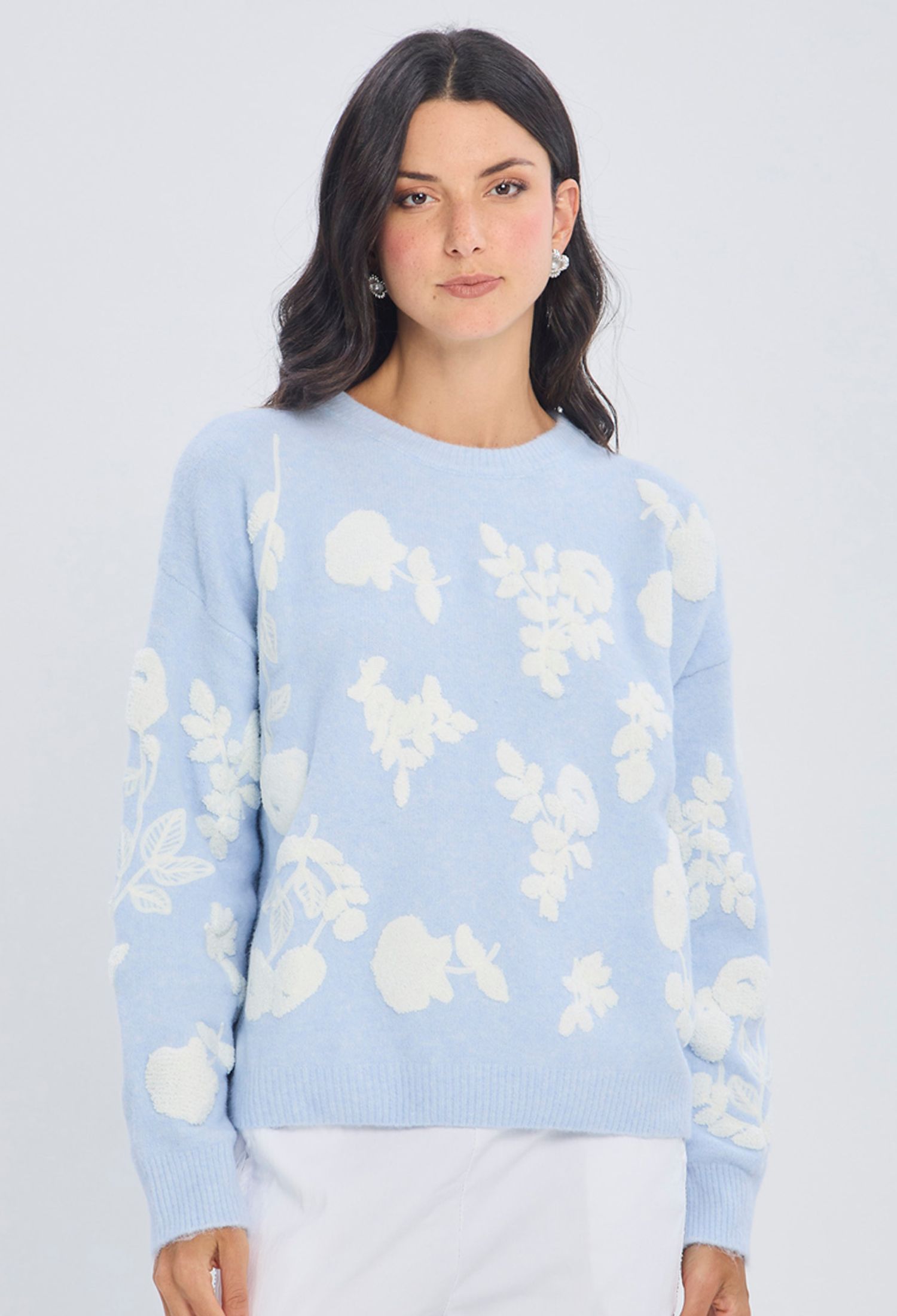 Buzo tejido azul premium con lana y poliamida cuello redondo talla única para mujer