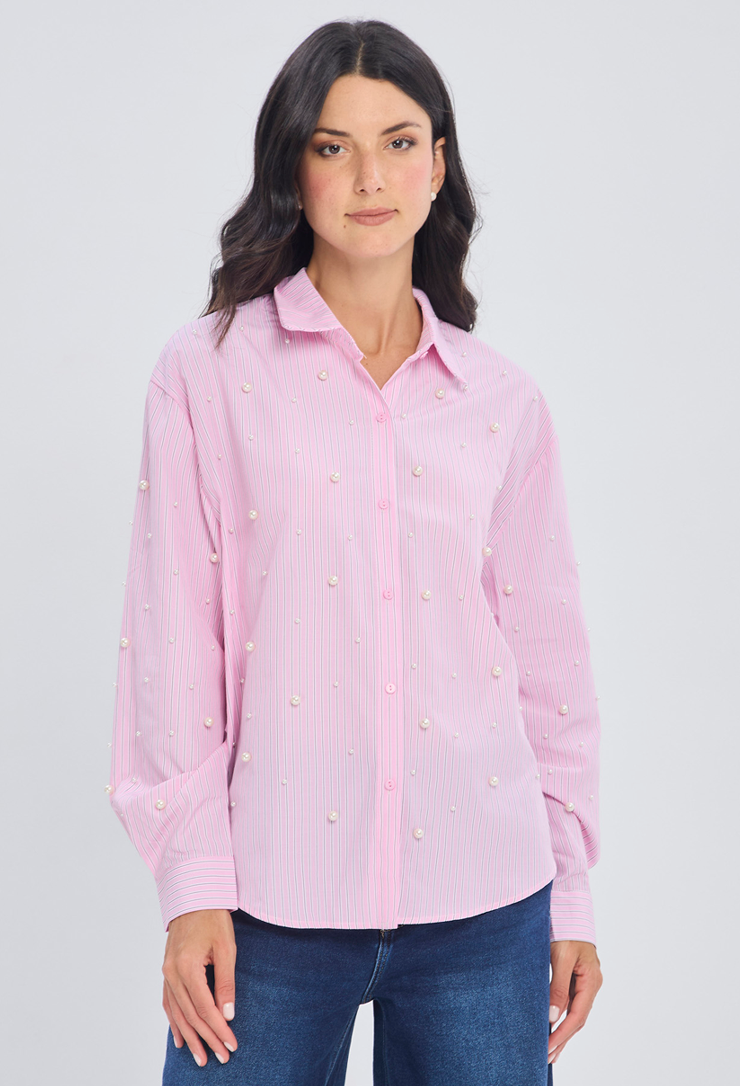 Blusa rosada algodón manga abullonada con largo diferenciado para mujer