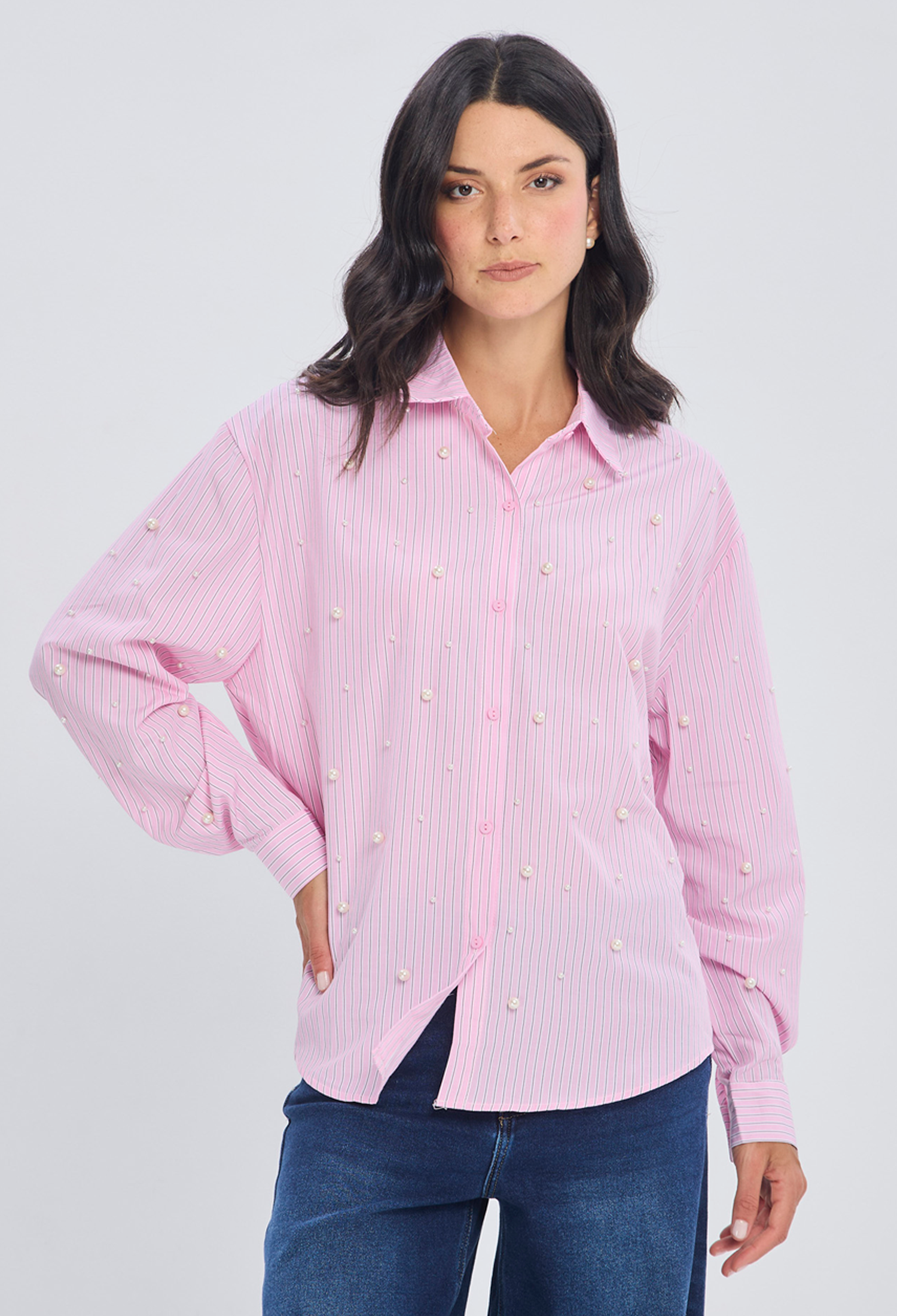 Blusa rosada algodón manga abullonada con largo diferenciado para mujer - vista 2