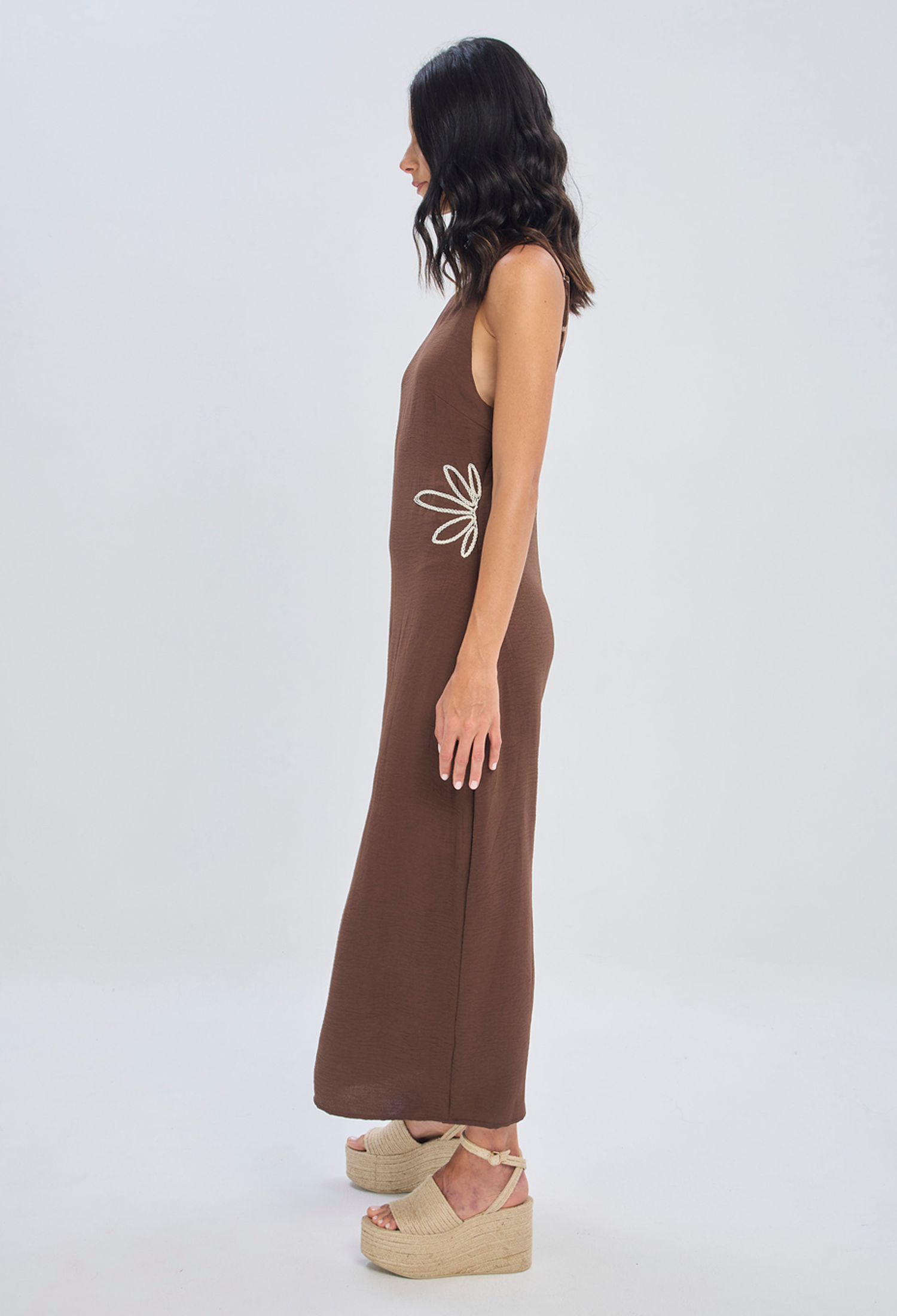 Vestido largo café satinado con forro completo en poliéster para mujer - vista 3