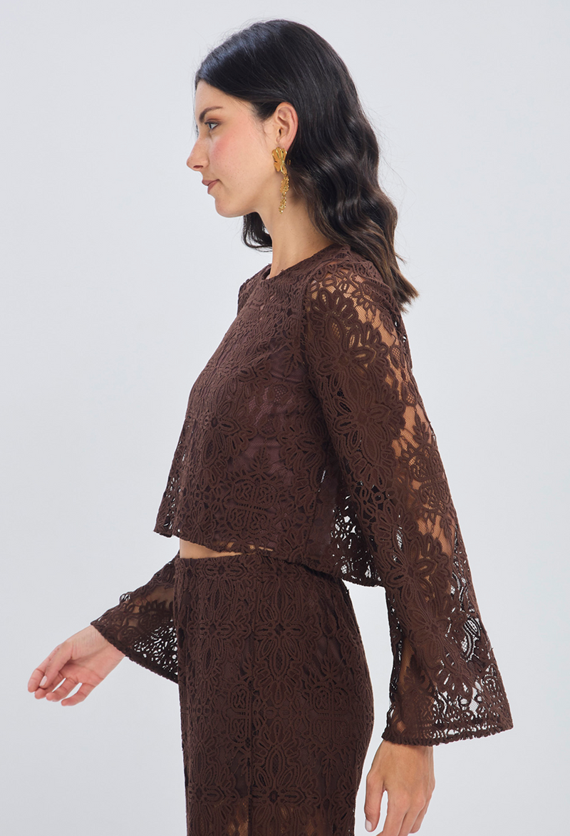 Blusa crop café ajustada en poliamida cuello alto para mujer - vista 2