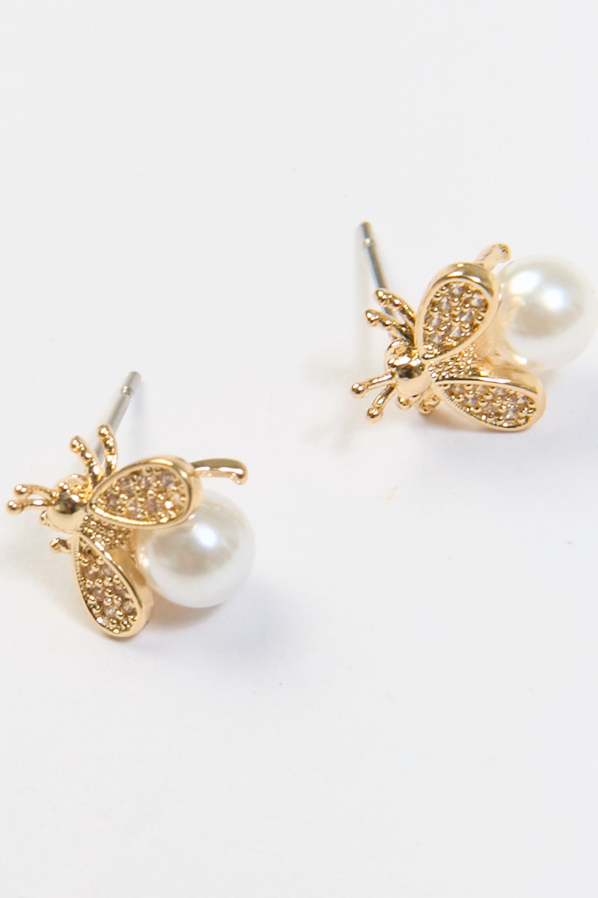 Aretes Abeja Perla Circón Dorados BYBLA