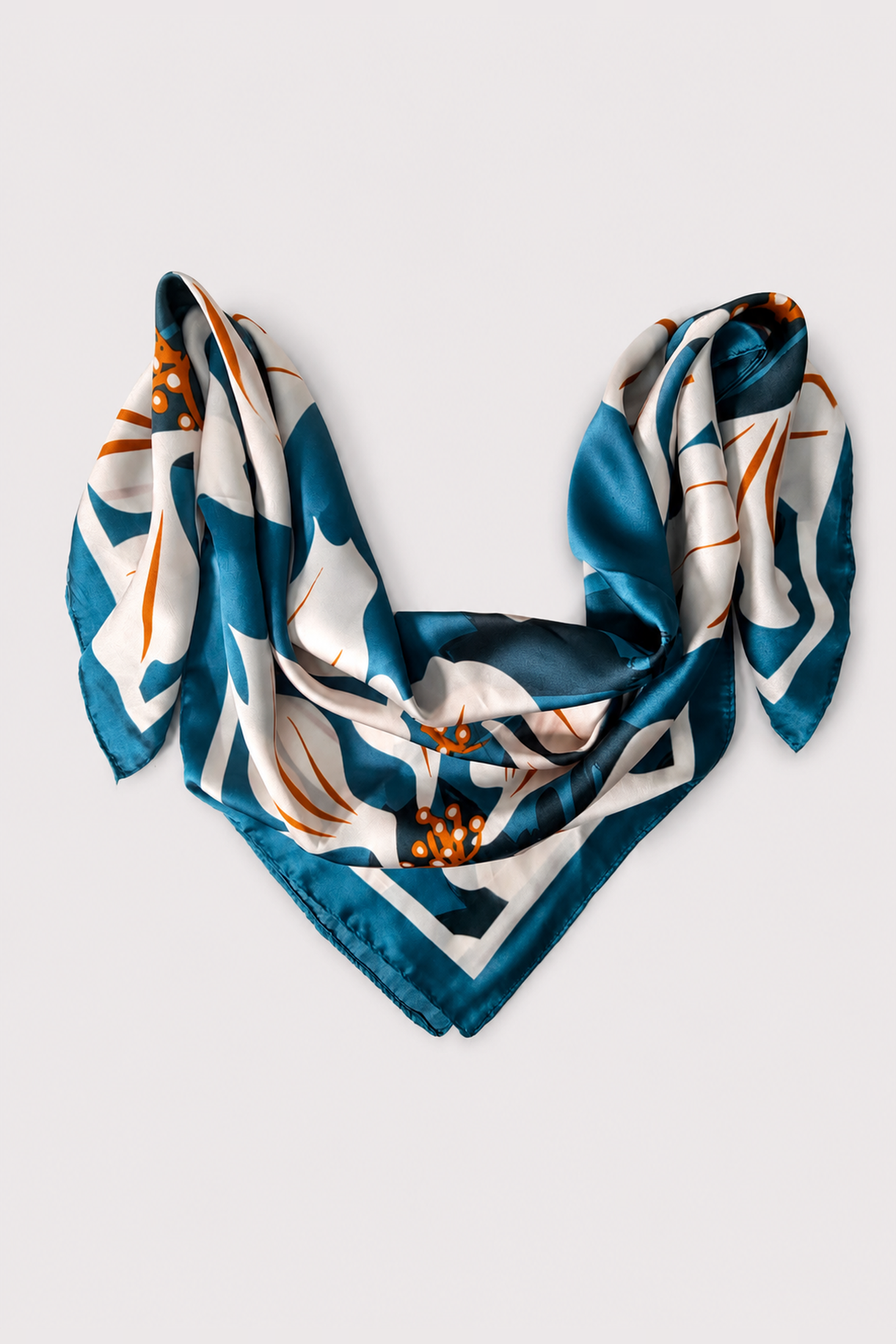 Chalina satinada con flores maxi en marfil y acentos naranja - Azules