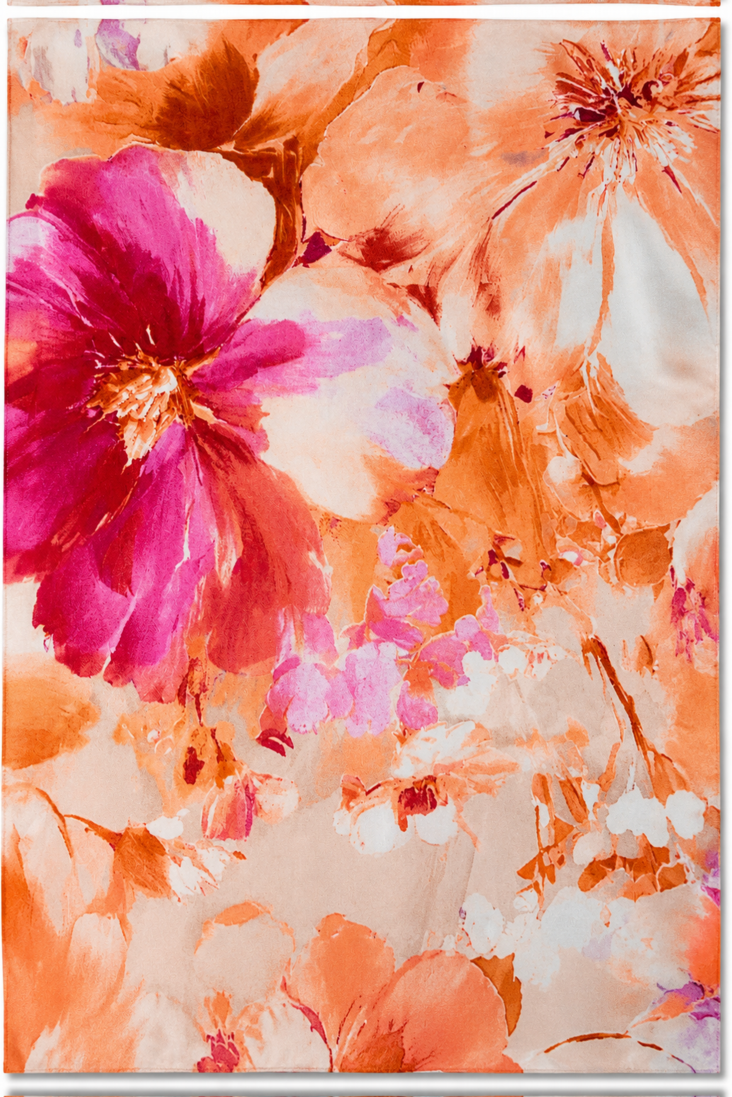 Chalina satinada con flores en acuarela naranja y fucsia