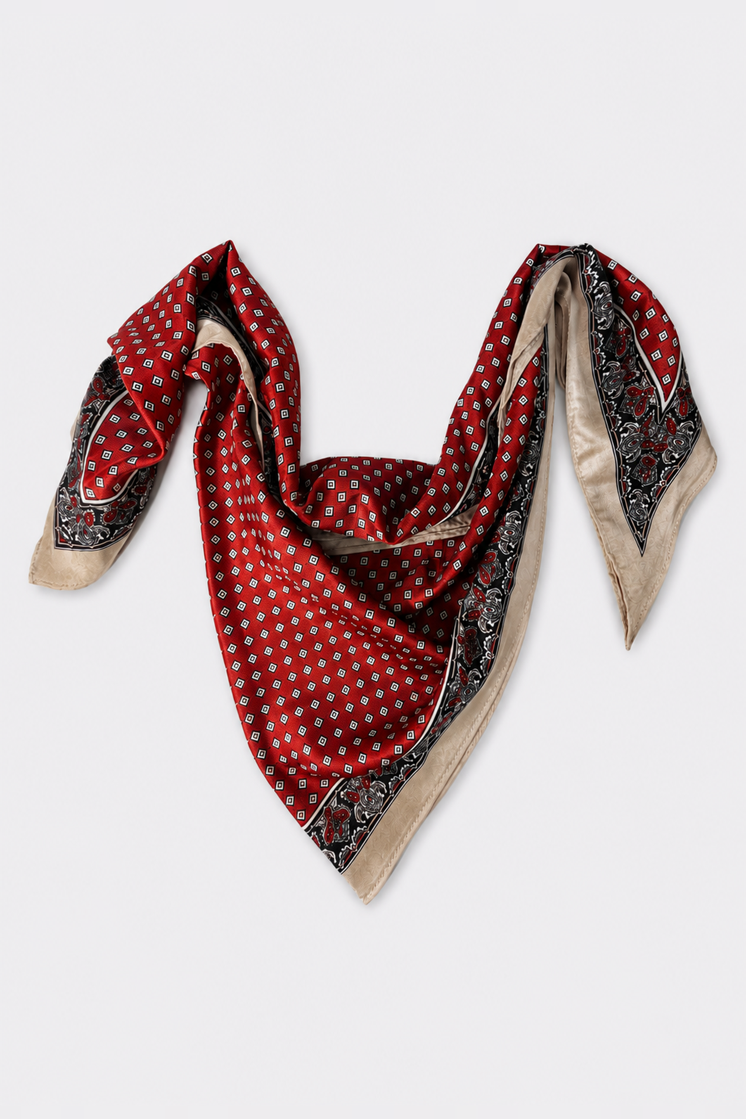 Chalina satinada estilo foulard con mini rombos y borde paisley - Terracotas