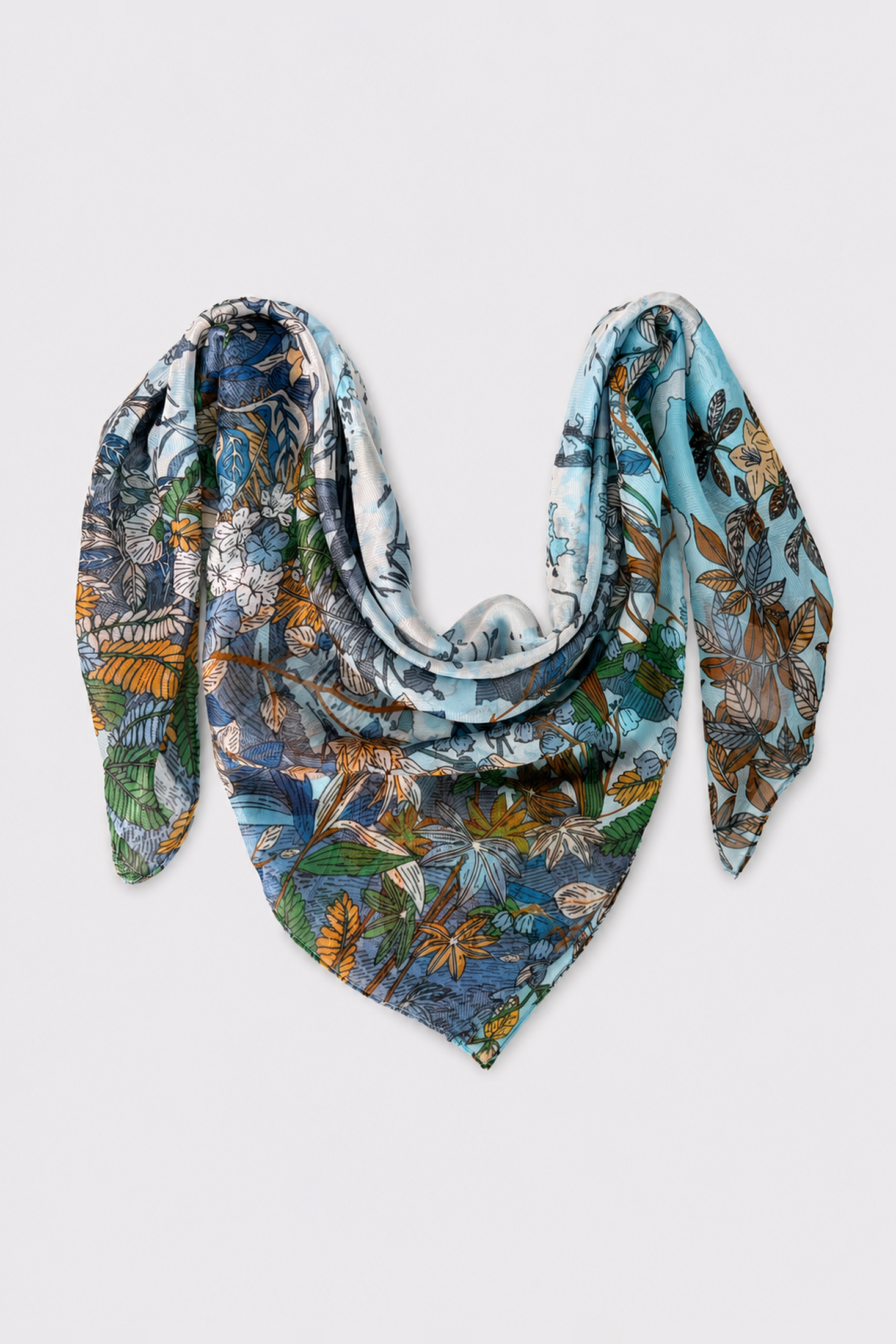 Pañoleta satinada con estampado de jardín botánico en tonos azules