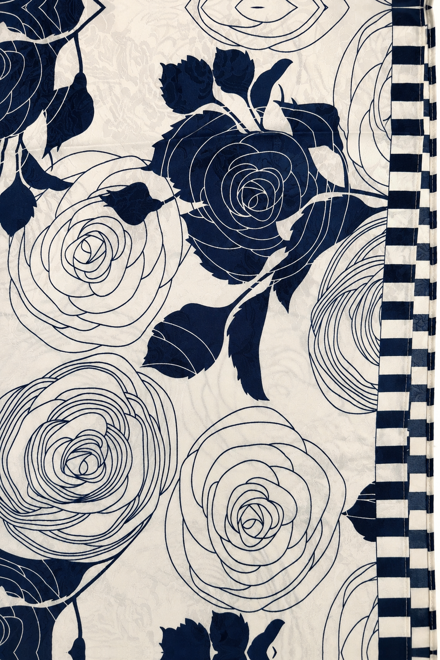 Pañoleta satinada con rosas ilustradas y borde de rayas - Azules