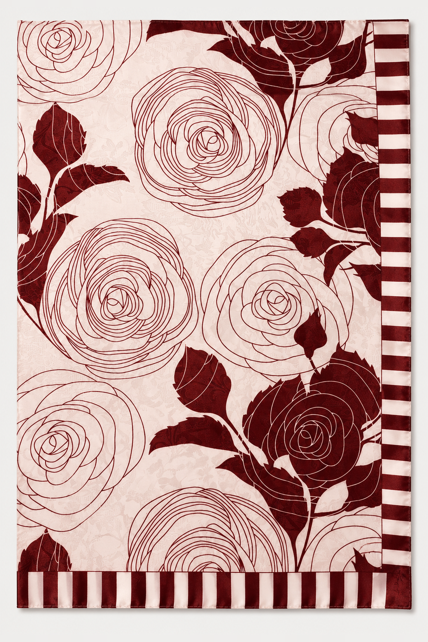 Pañoleta satinada con rosas ilustradas y borde de rayas - Burgundy