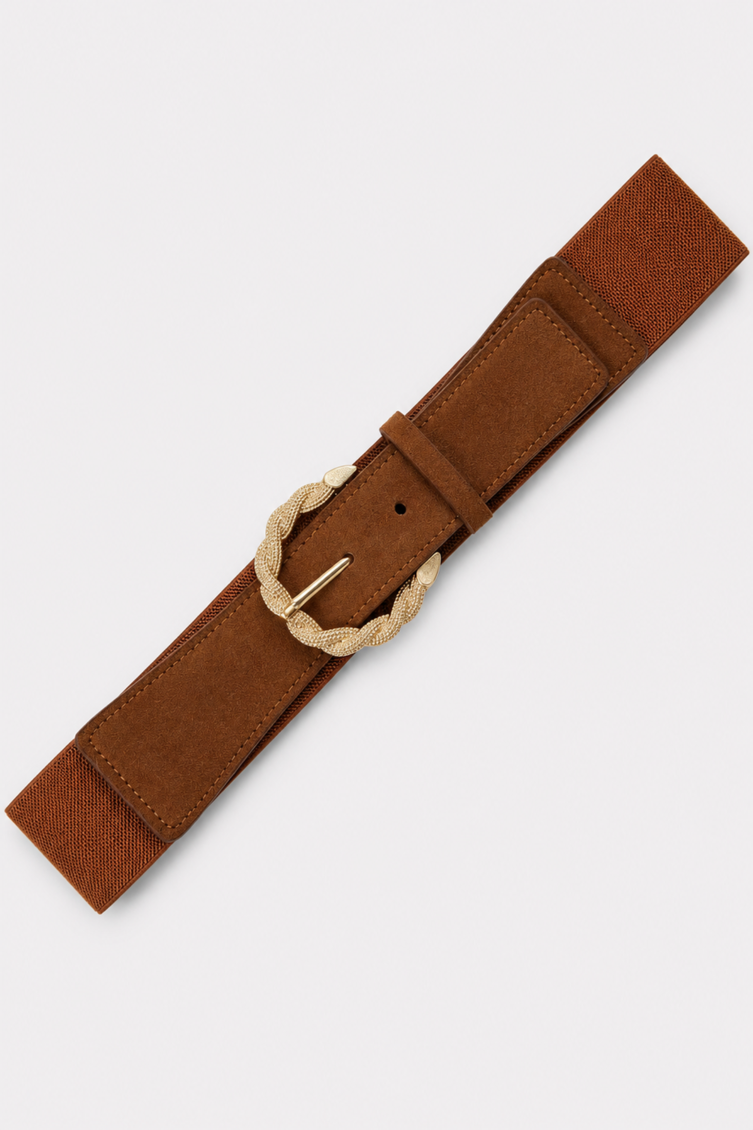 Cinturón elástico camel con hebilla circular dorada entorchada