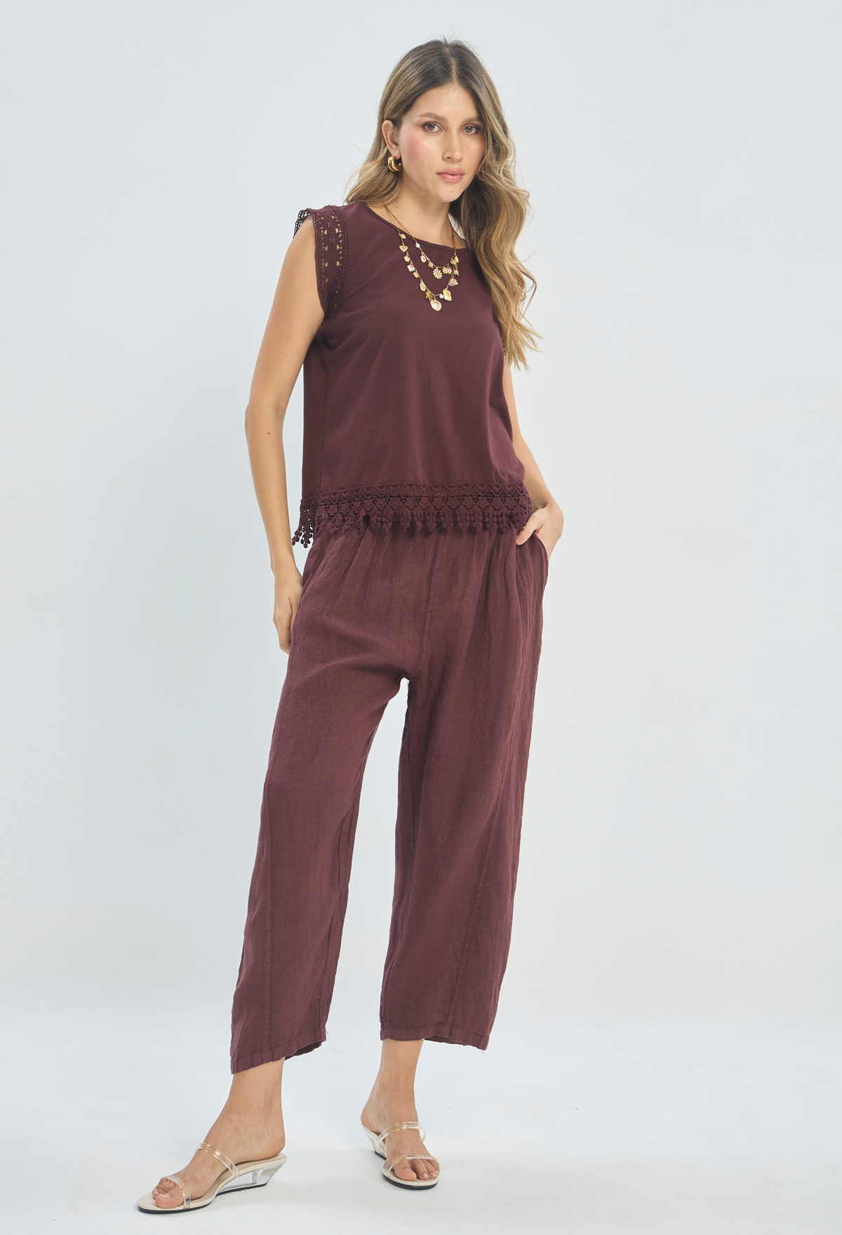 Pantalón Lino Tobillero Pretina Elástica Vinotinto BYBLA - vista 3