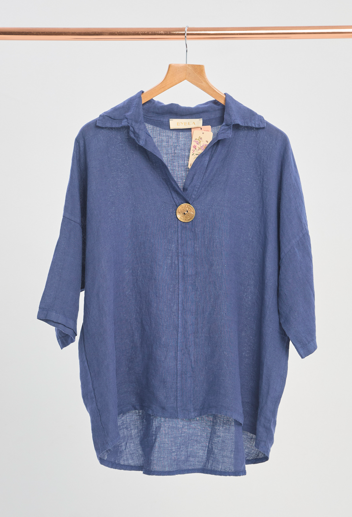 Blusa Lino Manga 3/4 Botón Dorado Azul BYBLA