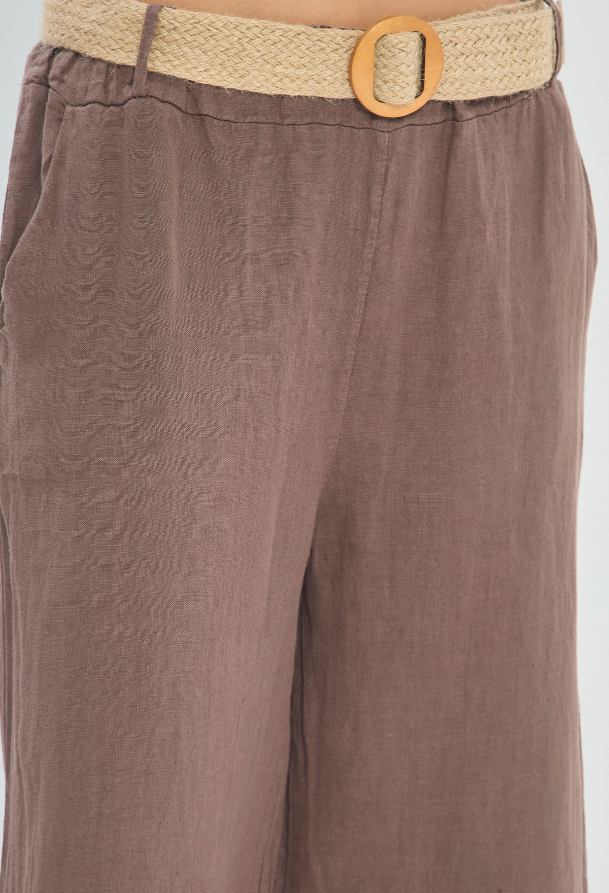 Pantalón Lino Ancho con Cinturón Tejido Café BYBLA - vista 5