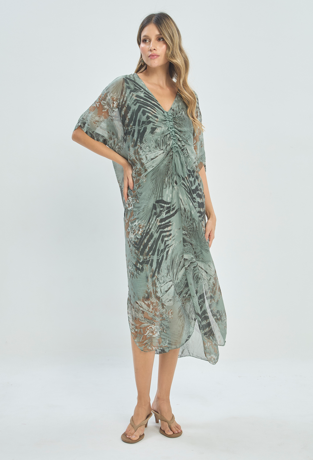 Vestido Caftán Seda Estampado Tropical Verde BYBLA
