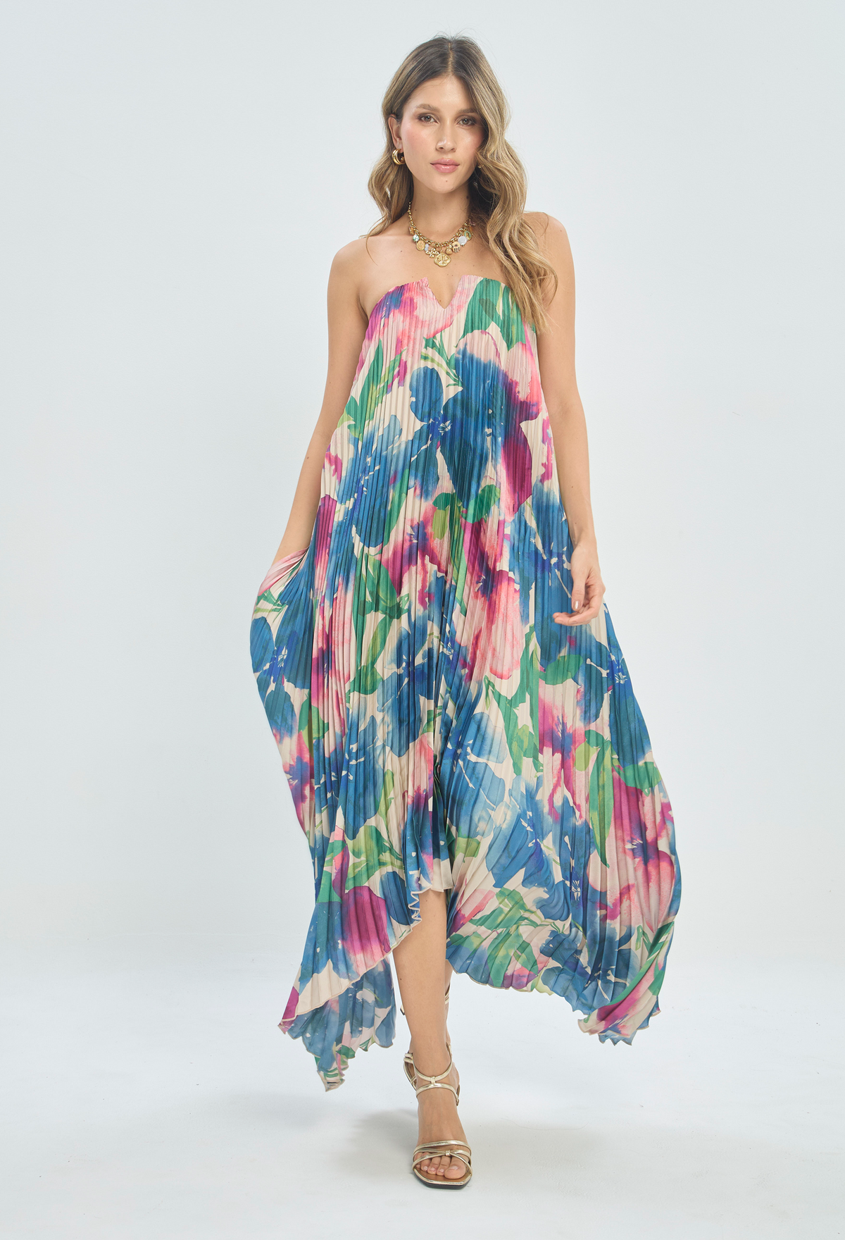 Vestido Largo Strapless Plisado Floral BYBLA - vista 2