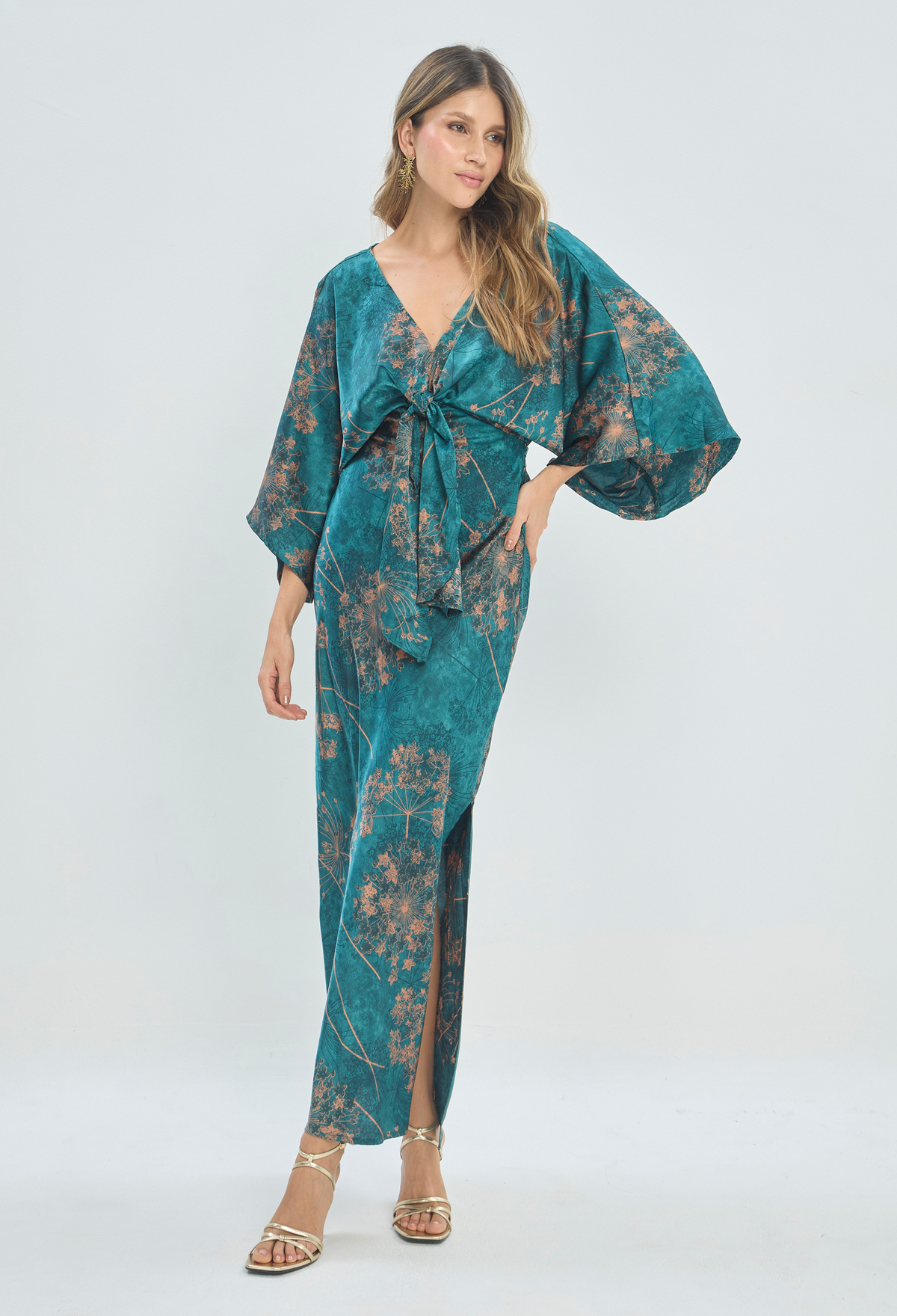 Vestido Largo Kimono Estampado Verde Esmeralda BYBLA