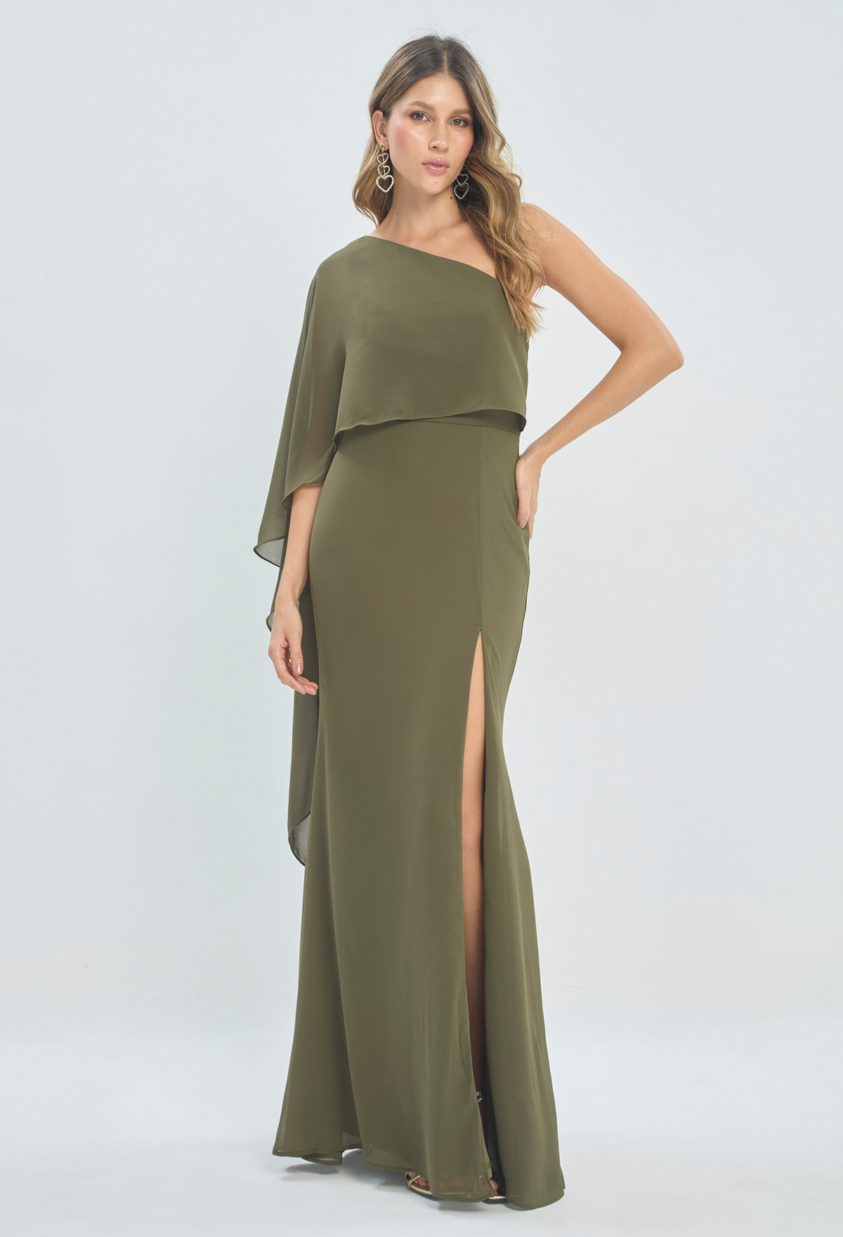 Vestido Largo Un Hombro con Capa Verde Oliva BYBLA