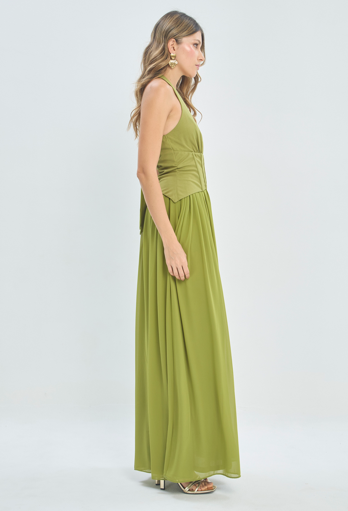 Vestido Largo Halter Con Corset Verde Oliva BYBLA - vista 2