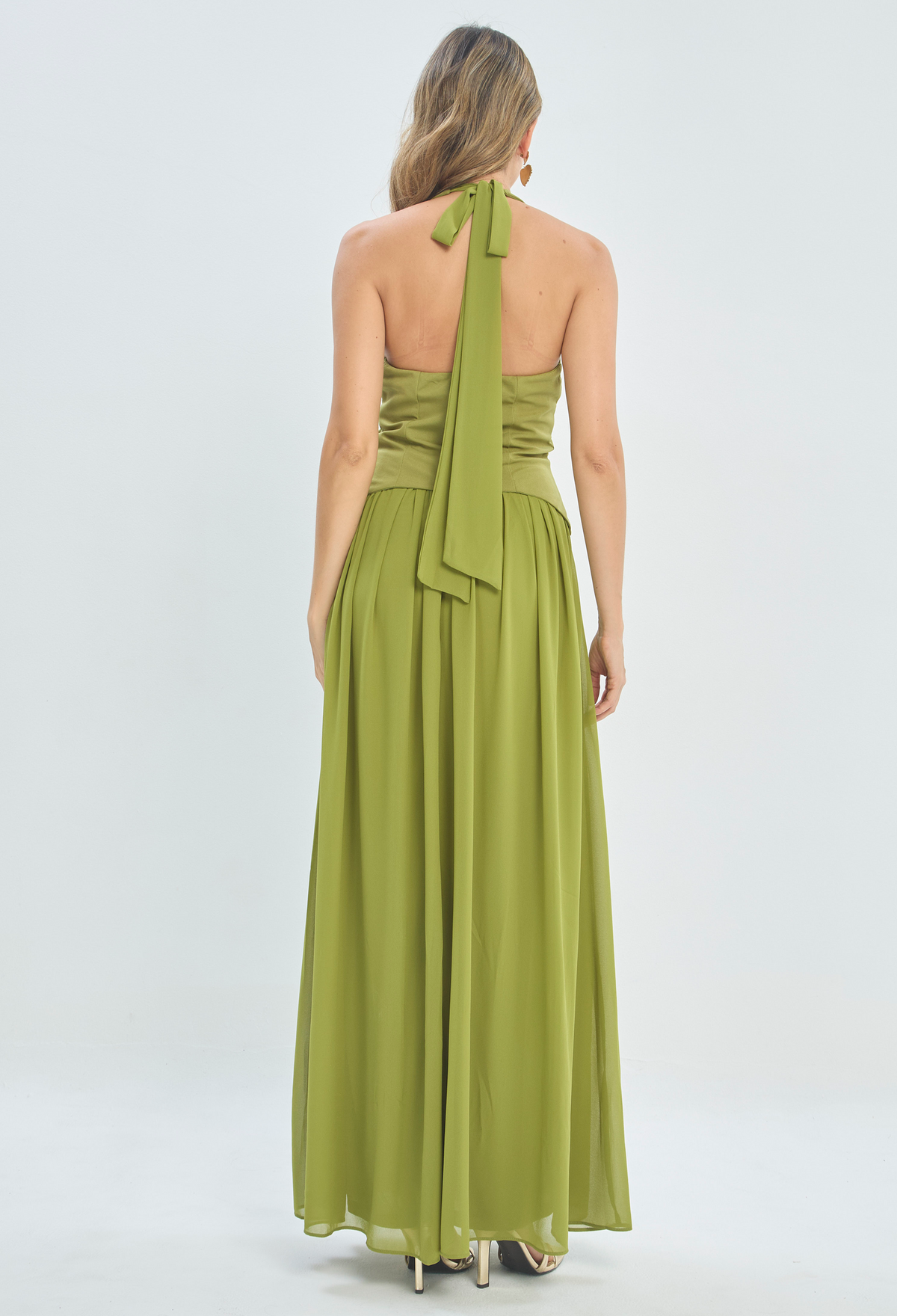 Vestido Largo Halter Con Corset Verde Oliva BYBLA - vista 3