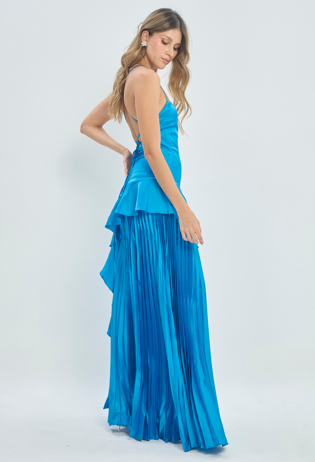 Vestido Largo Plisado con Volante Azul Turquesa BYBLA - vista 4
