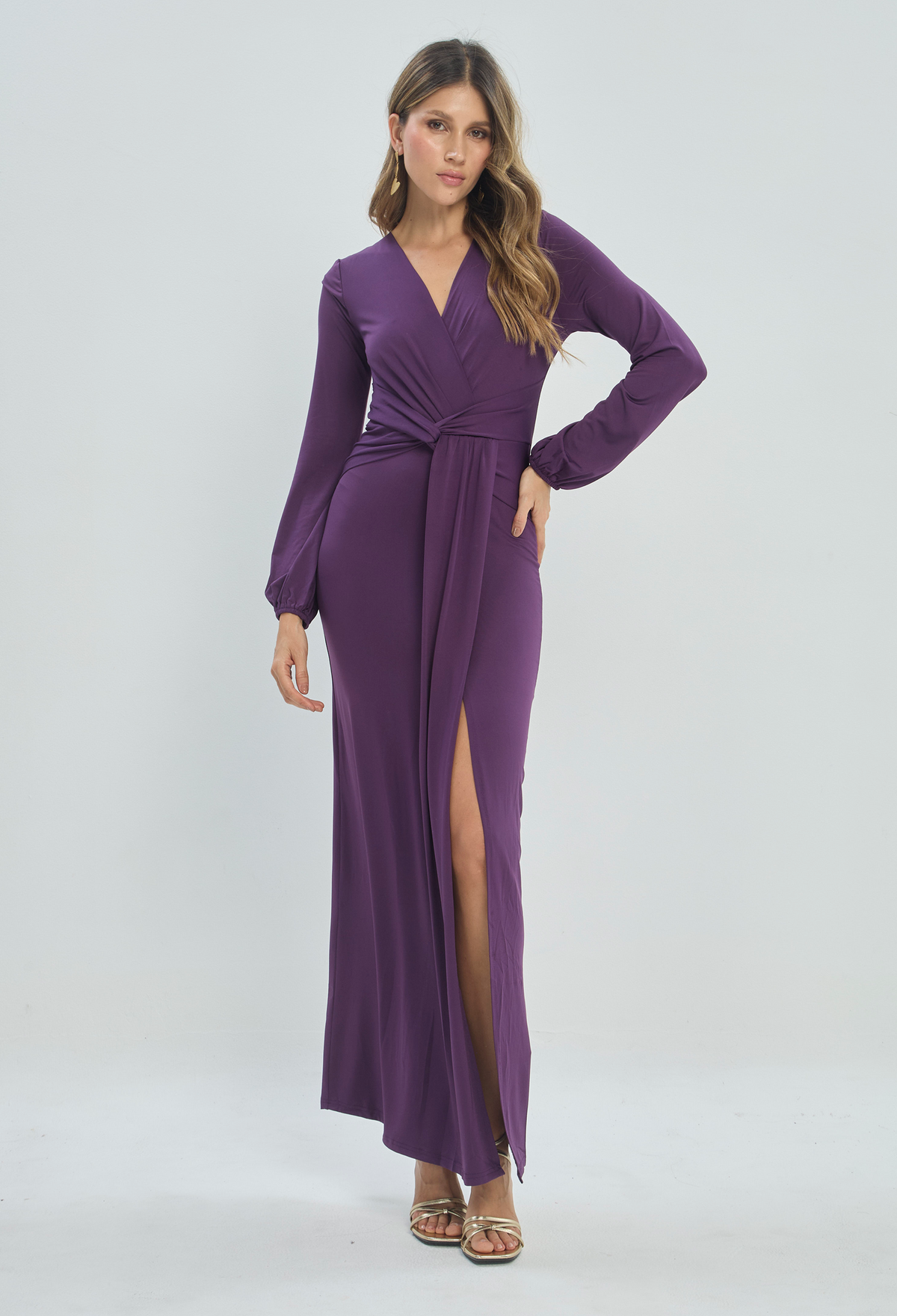 Vestido Largo Cruzado Manga Larga Morado BYBLA