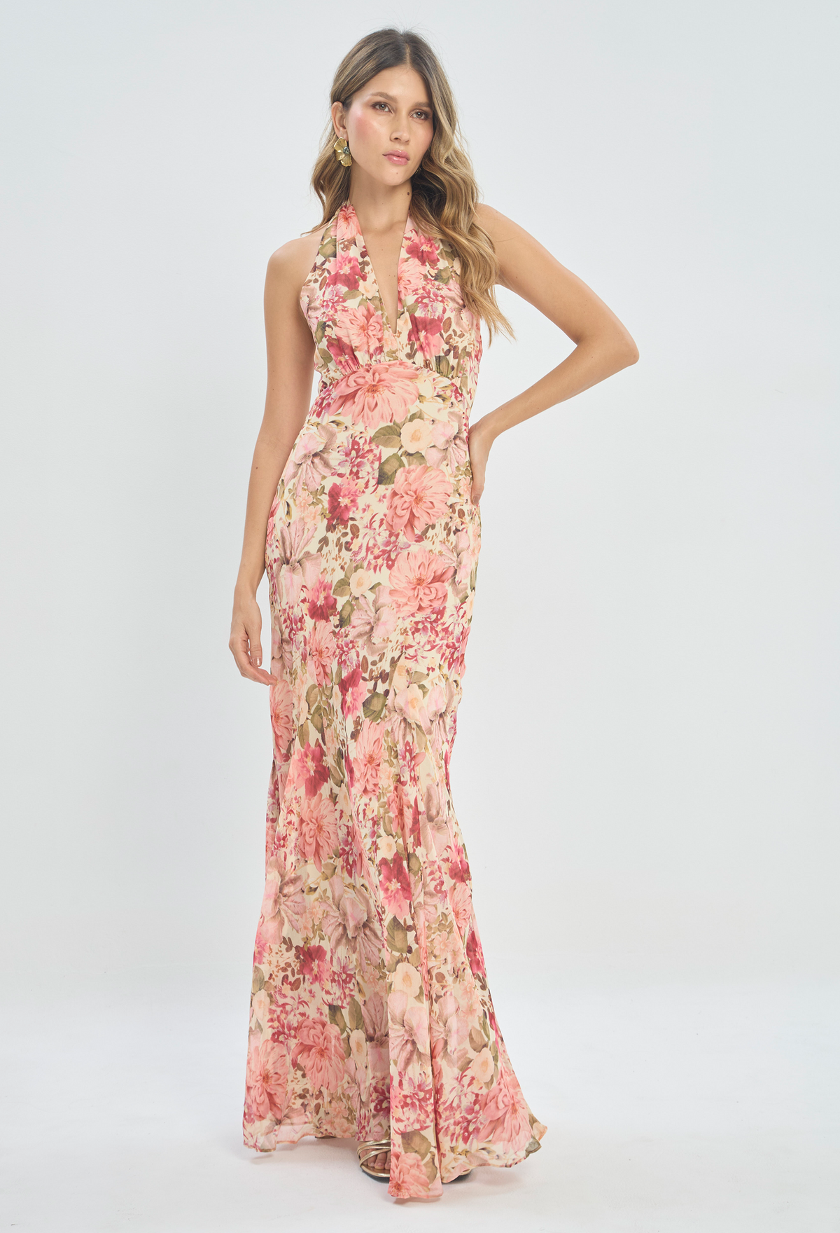 Vestido Largo Halter Estampado Floral Rosa BYBLA