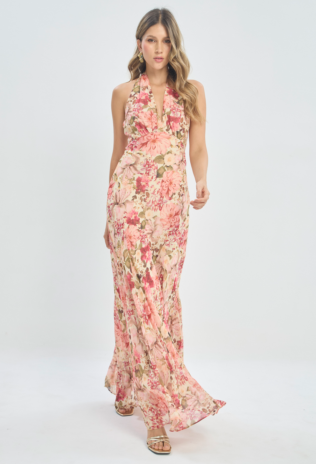 Vestido Largo Halter Estampado Floral Rosa BYBLA - vista 2