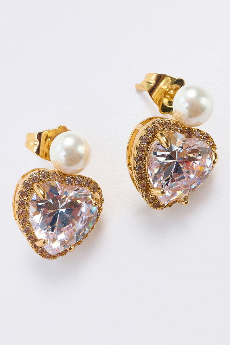 Aretes Topo Perla con Corazón Plateados